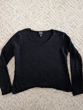 Eileen Fisher Italian Yarn Knit V Neck Slouchy Sweater Loose Knit Black